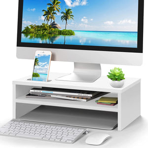 Monitor Stand,2-Tier Wood Computer Stand Riser,Monitor Stand Riser with Cellphone Holder,Desktop Stand Laptop Desk Riser,Ergonomic Desk Shelf Stand Organizer for Monitor/Printer/Laptops(White)