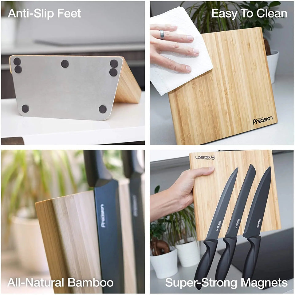 Magnetic Knife Holder - All Natural Bamboo Knife Block for Kitchen Counter - Universal Wooden Storage Stand for Small & Large Knives with Neodymium Magnets for Kitchen Storage & Organisation