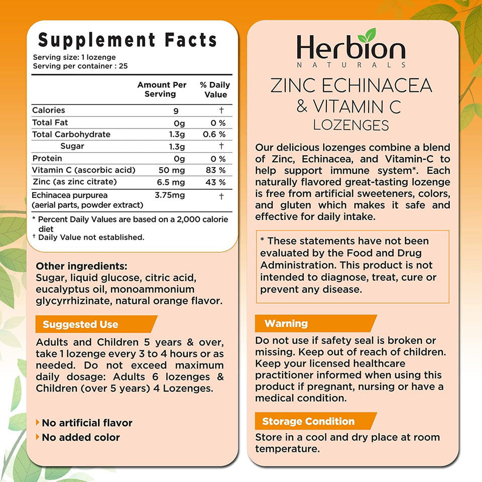 Zinc, Echinacea & Vitamin C Lozenges with Natural Orange Flavor - 25 CT – Dietary Supplement – Supports Immune System – Promotes Overall Good Health for Adults and Children 5+