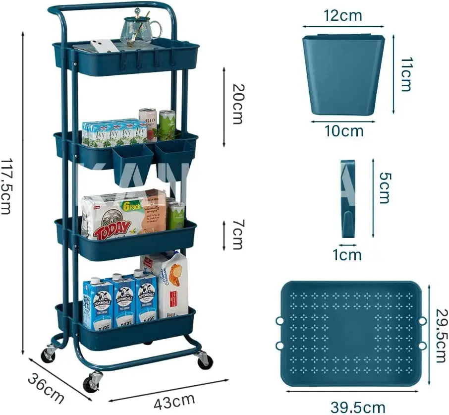4 Tier Rolling Cart Organizer Kitchen Utility Cart with Wheels Kitchen Storage Cart on Wheels Spice Rack Organizer with Handle & Hooks & Cups Trolley Pantry Organizer Shelf Bathroom Accessories(Blue)