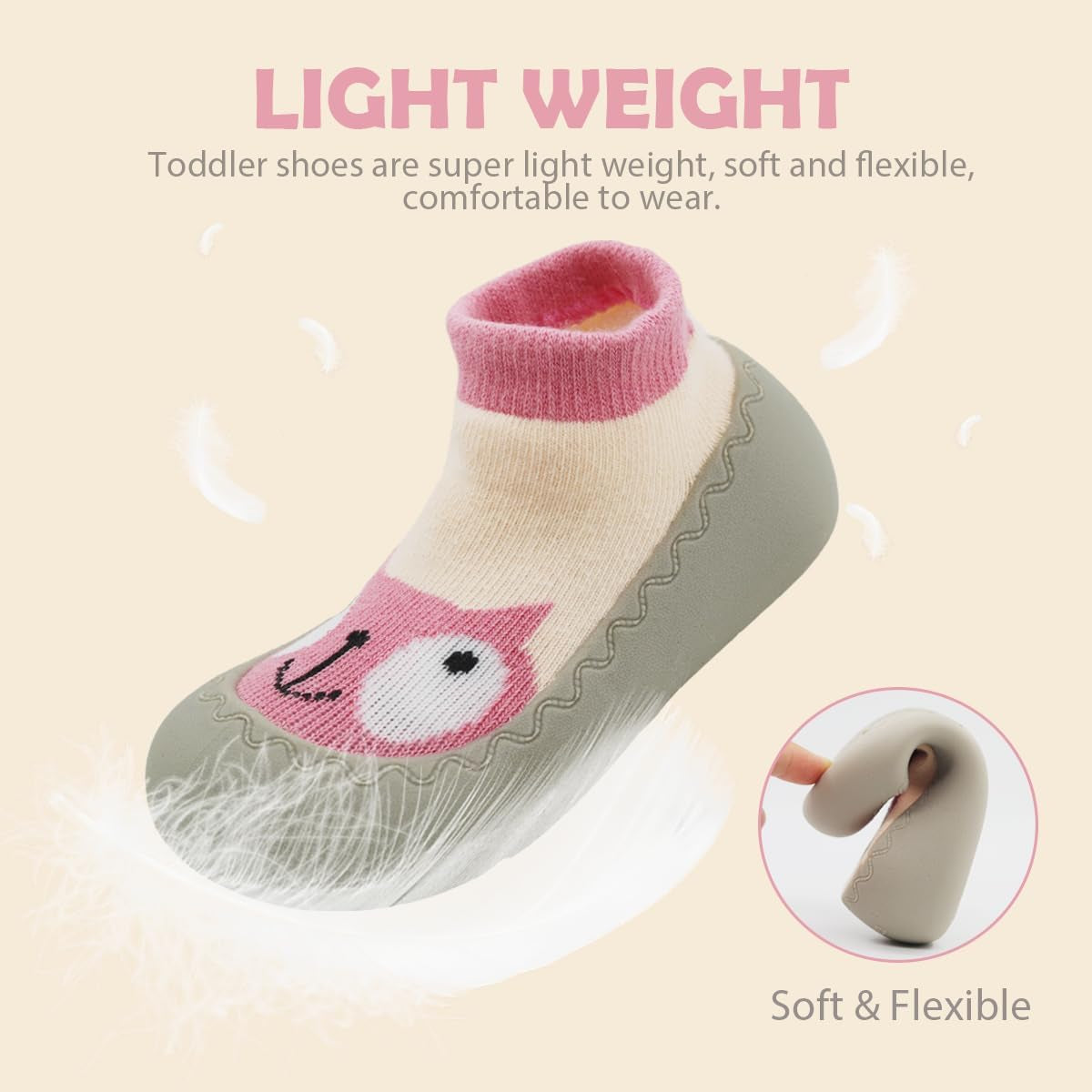 Non-Slip Baby Toddler Sock Shoes, Ultra-Lightweight Cotton Baby First Walking Shoes Slipper Shoes with Soft Rubber Sole Unisex Non-Skid Indoor Outdoor Floor Slipper Kid Girls Boys Socks Boots