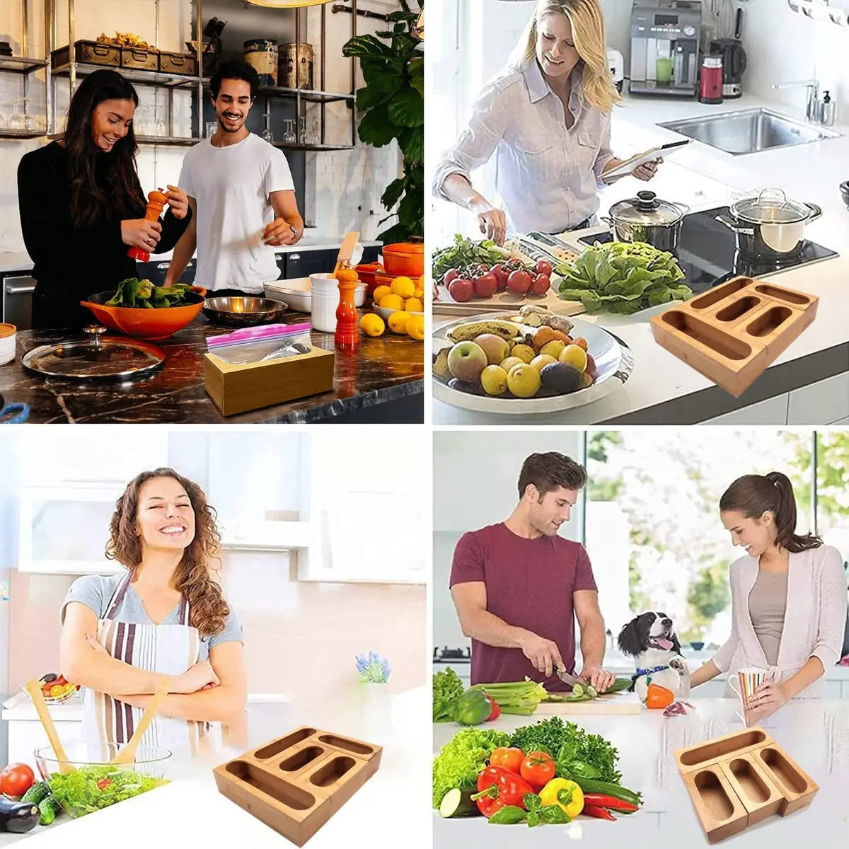 5 Pack Bamboo Storage Bag Organizer Food Storage Bag Organizer Holders Kitchen Drawer Dispenser Compatible with Gallon, Quart, Sandwich, Snack, Candy Variety Size Bags