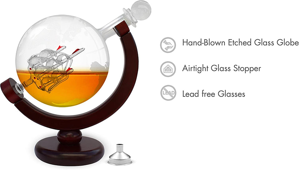 Whiskey Decanter Whiskey Globe Decanter and Glass Set Antique Handblown Ship Decanter Certified Safe Great Whiskey Gift Sets for Men Also as Scotch Bourbon Wine Rum Tequila Decanter Drinks 28Oz 850Ml