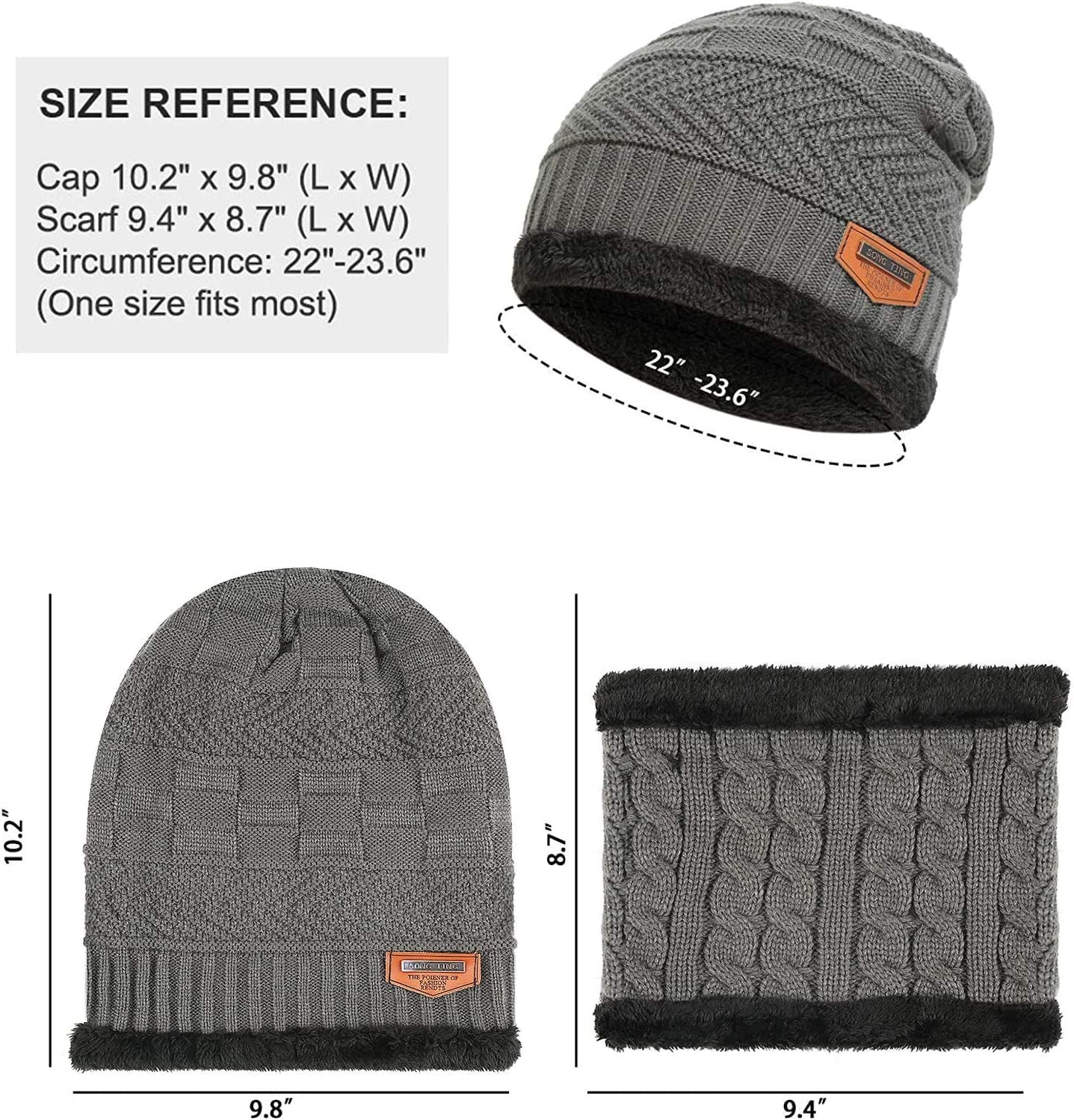 Knitted Beanie Hat, 2 Pieces Winter Beanie Hats Scarf Set Warm Knit Hat Thick Fleece Lined Winter Cap Scarves for Men Women