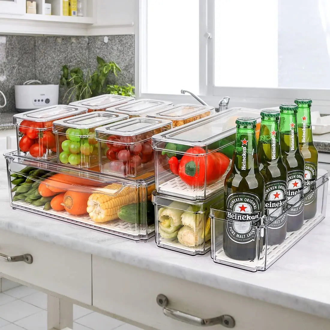 10 Pack Refrigerator Pantry Organizer Bins, Stackable Fridge Bins with Lids, Clear Plastic Food Storage for Kitchen, Countertops, Cabinets, Fridge, Drinks, Fruits, Vegetable, Cereals