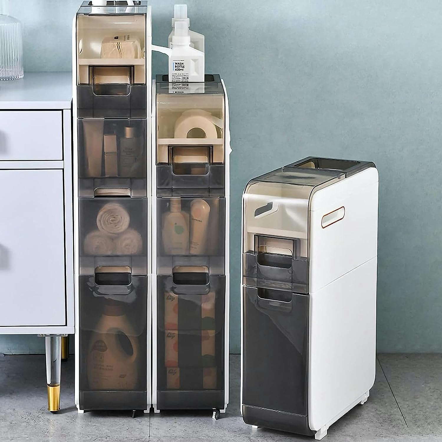 4 Tier Bathroom Floor Cabinet, Vertical Storage Unit with Clear Drawers and Casters, Narrow Tall Slim Storage Tower Waterproof Toilet Paper Storage Cabinet for Small Spaces Gaps