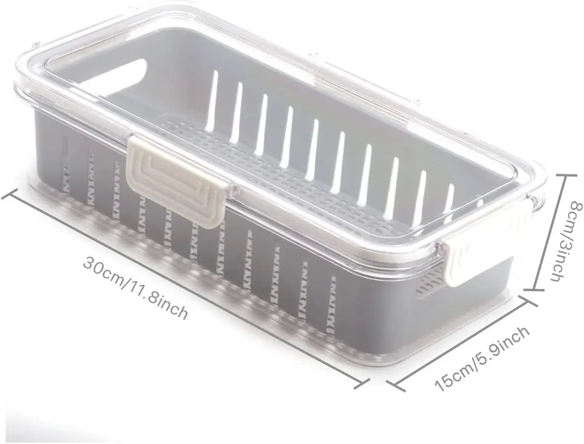 Set of 2 Kitchen Storage Box Stackable Container Organisation Bin with Snap Lid Removable Basket, Vegetable and Fruit Storage Container for Fridge Refrigerator