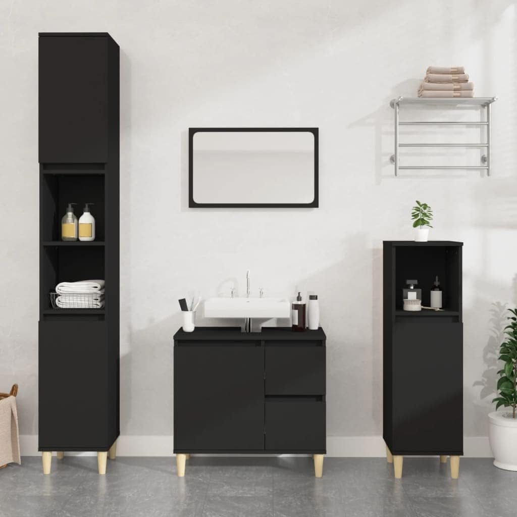 Bathroom Cabinet, Freestanding Storage Cabinet with Wood Legs, Toilet Cupboard with Shelves, Scandinavian, Black Engineered Wood