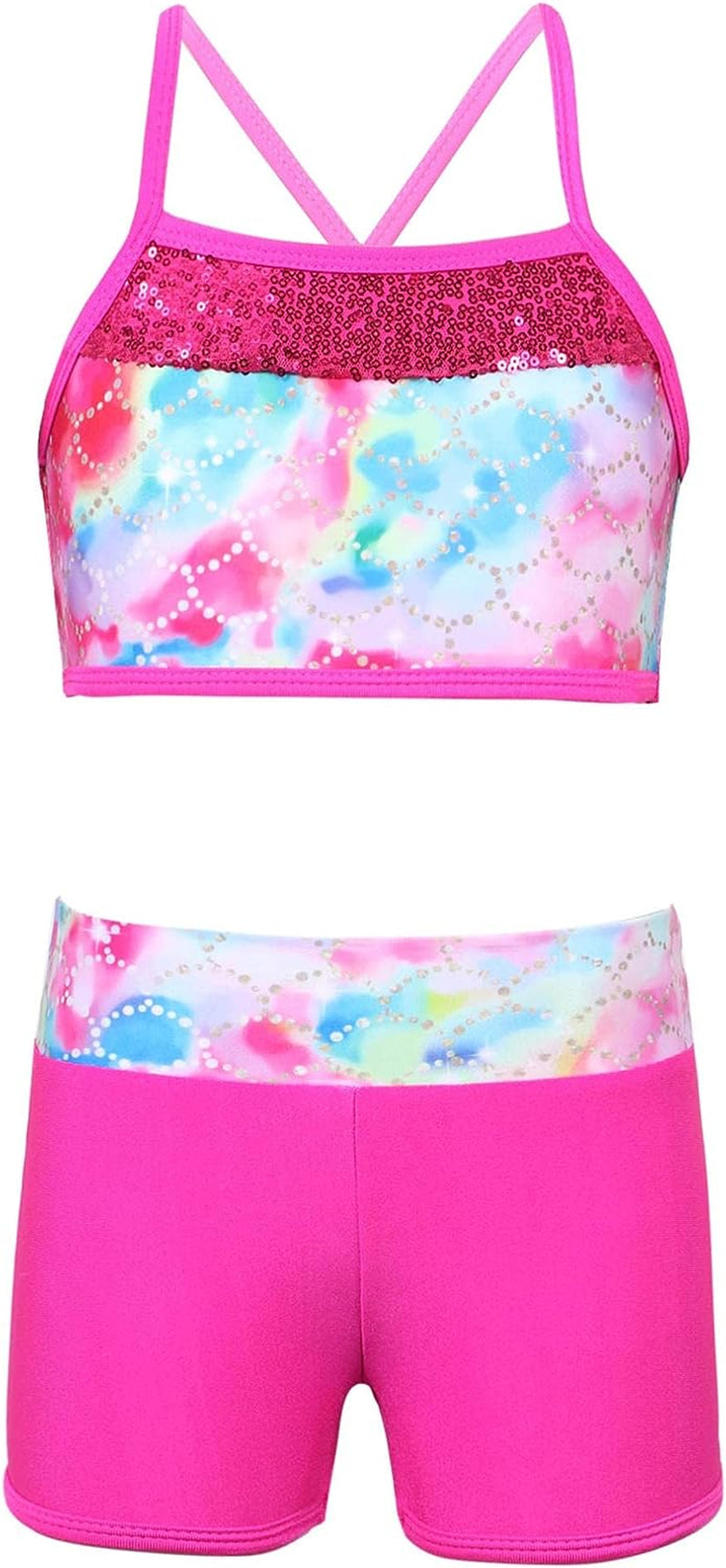 Kids Girls 2Pcs Actviewear Gymnastics Sports Ballet Dance Outfit Camis Crop Top with Shorts Tankini Set