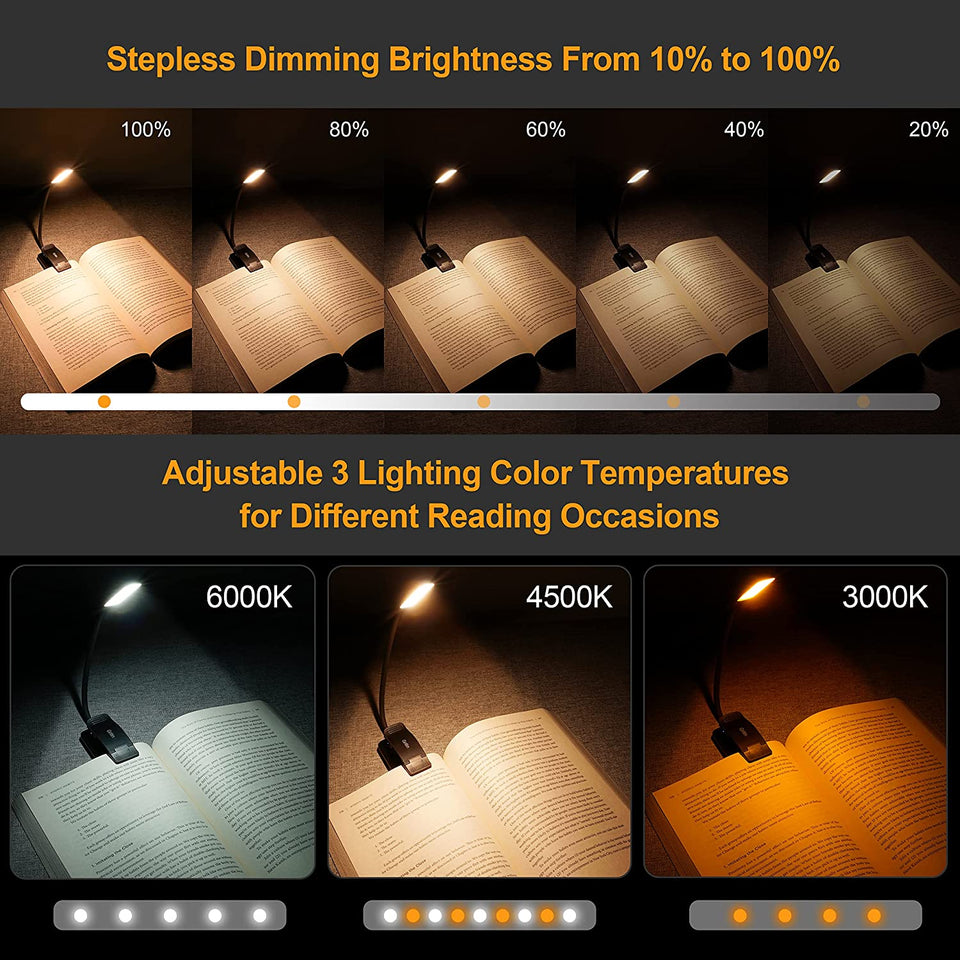 Book Light Rechargeable for Reading in Bed,  9 LED Reading Light Book Lamp with Power Indicator, 3 Eye -Protecting Modes- Stepless Dimming, Long Battery Life, 360° Flexible Clip-On Book Light