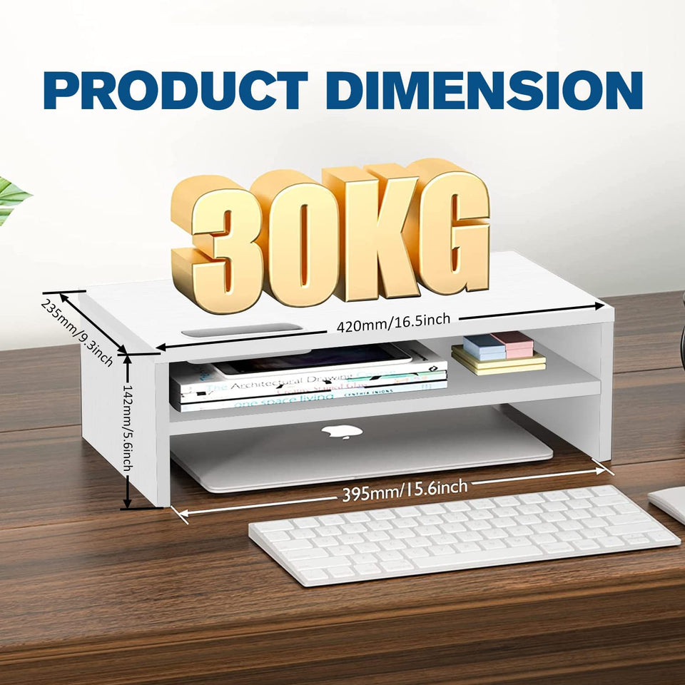 Monitor Stand,2-Tier Wood Computer Stand Riser,Monitor Stand Riser with Cellphone Holder,Desktop Stand Laptop Desk Riser,Ergonomic Desk Shelf Stand Organizer for Monitor/Printer/Laptops(White)