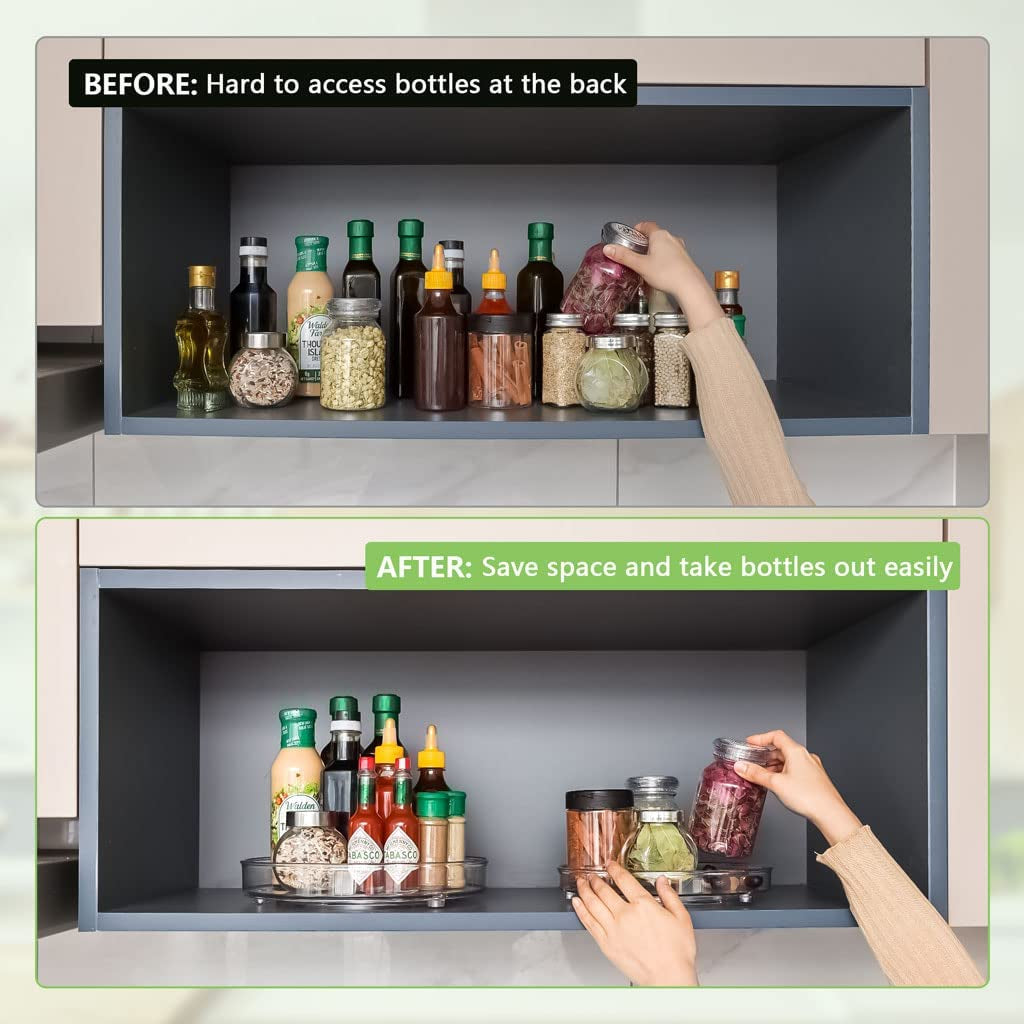2-Pack Lazy Susan Turntable(23.5Cm+27Cm), Clear Kitchen Counter Cabinet Turntable Organiser, Fridge Turntable, Multifunctional Spice Rack for Bathroom, Pantry, under Sink, Perfume