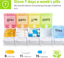 Load image into Gallery viewer, Imedassist Weekly Pill Organizer, BPA Free Travel 7 Day Pill Box Case with Unique Spring Assisted Open Design and Large Compartments to Hold Vitamins, Cod Liver Oil, Supplements and Medication
