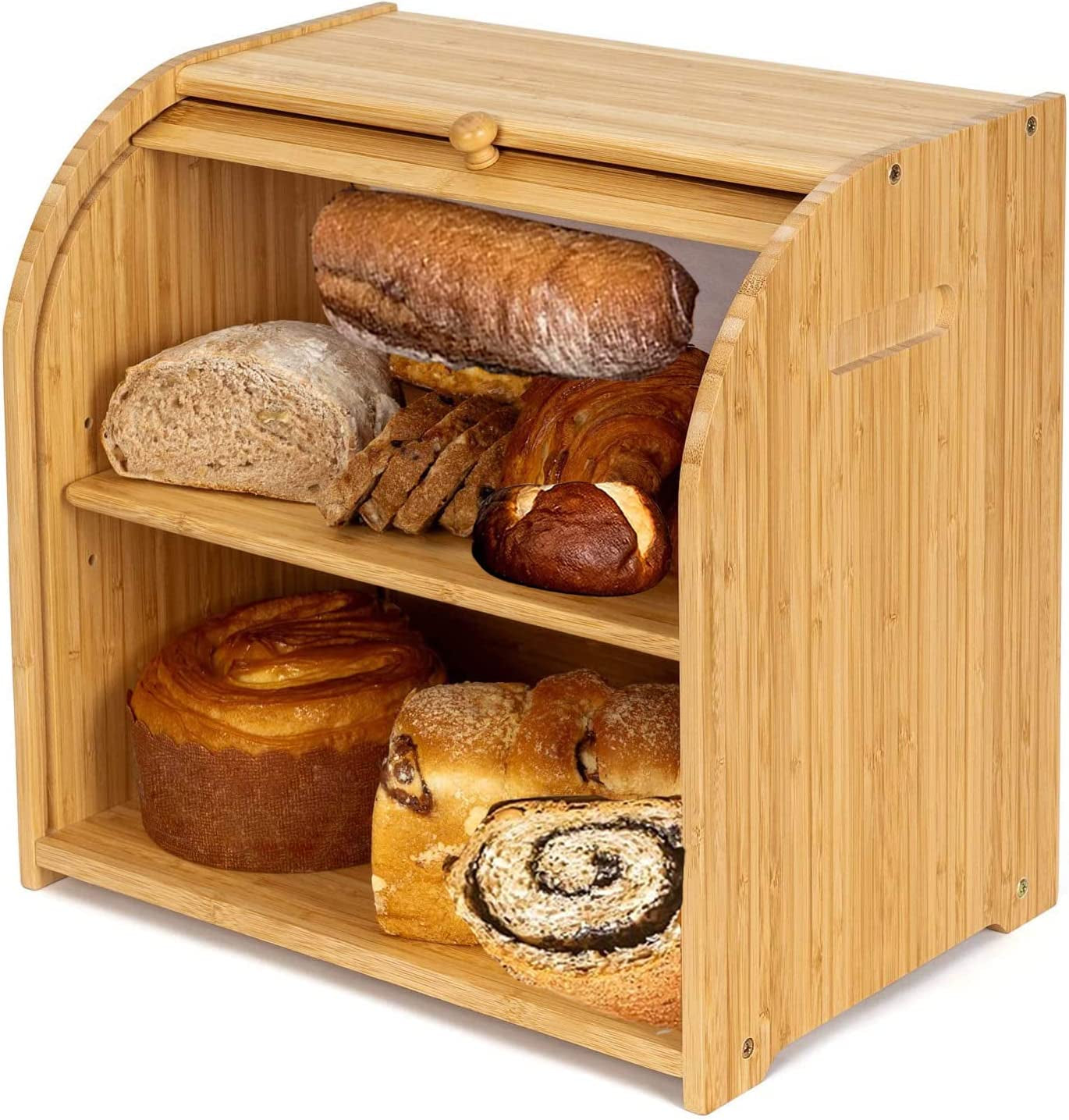 Bamboo Bread Box for Kitchen Counter, Double Layer Roll Top Bread Keeper Food Storage Container with Adjustable Shelf