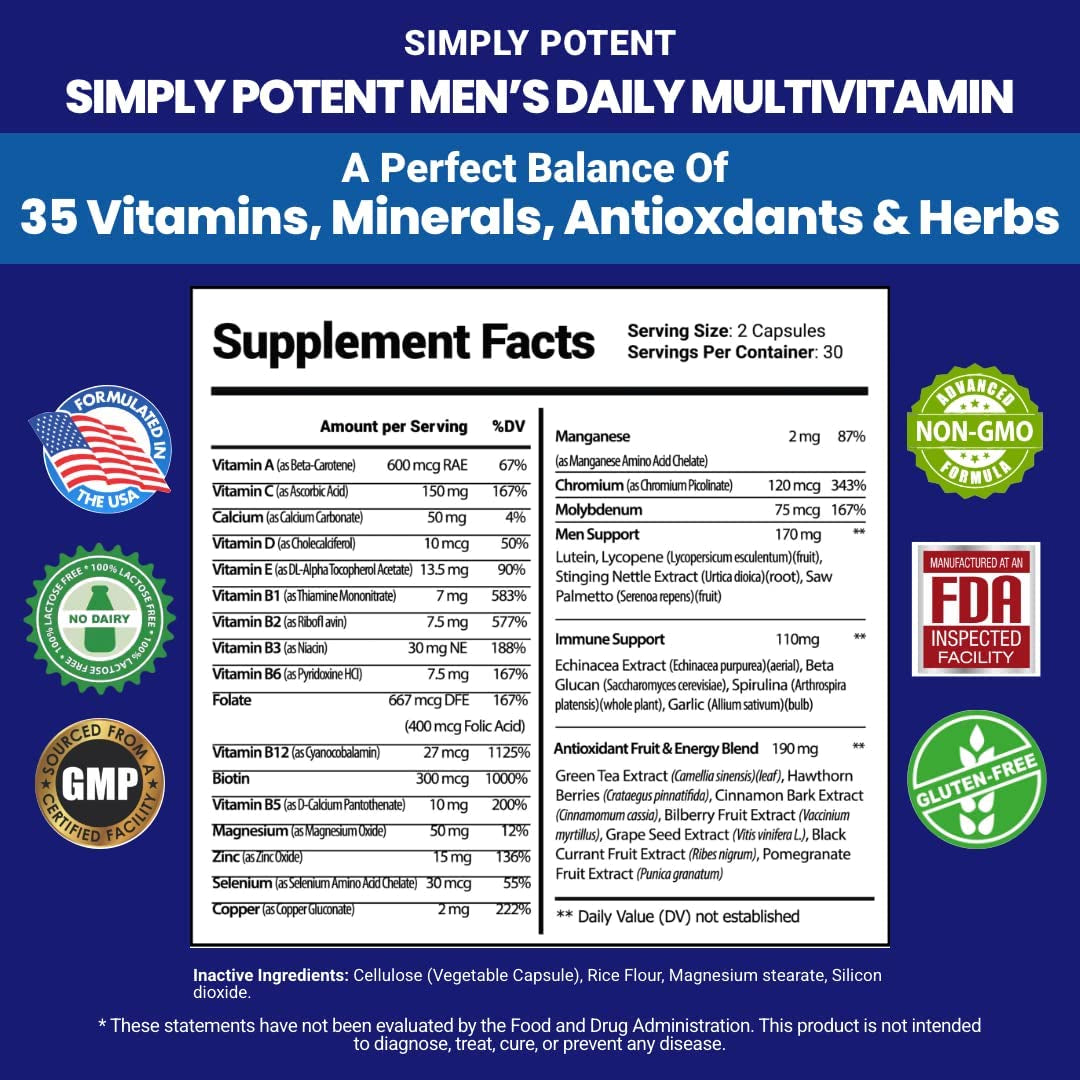 Daily Multivitamin for Men, 35 Vitamin, Mineral & Antioxidant Blend Supplement with Vitamins C, B-Complex & Saw Palmetto for Immune System, Energy, Focus & Prostate Health, Capsules 60