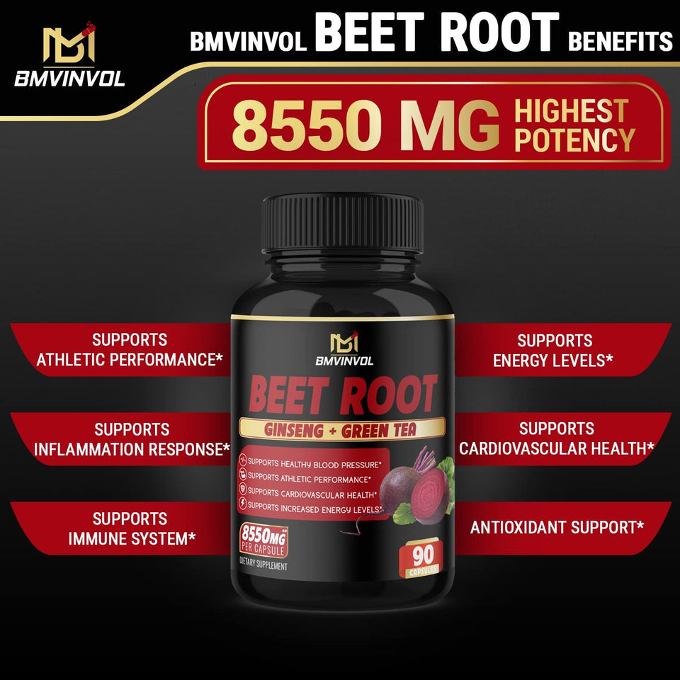 Beet Root Extract Capsules 8550Mg - Supports Blood Pressure, Digestive, Immune System - 3 Months Supply