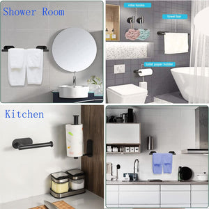 Adhesive Towel Bar,Bath Towel Bars/15.7-Inch Bathroom Towel Hanger Kitchen Storage Organizer SUS304 Stainless Steel Wall Mount (Black 5-Piece Set)
