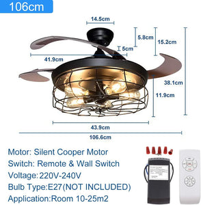 5-Light Ceiling Fan with Remote, 106CM Retractable Blades Industrial Ceiling Fans with Lights, Vintage Chandelier Fans with Lamp for Kitchen, Dining Room, Living Room, Bulbs Not Included