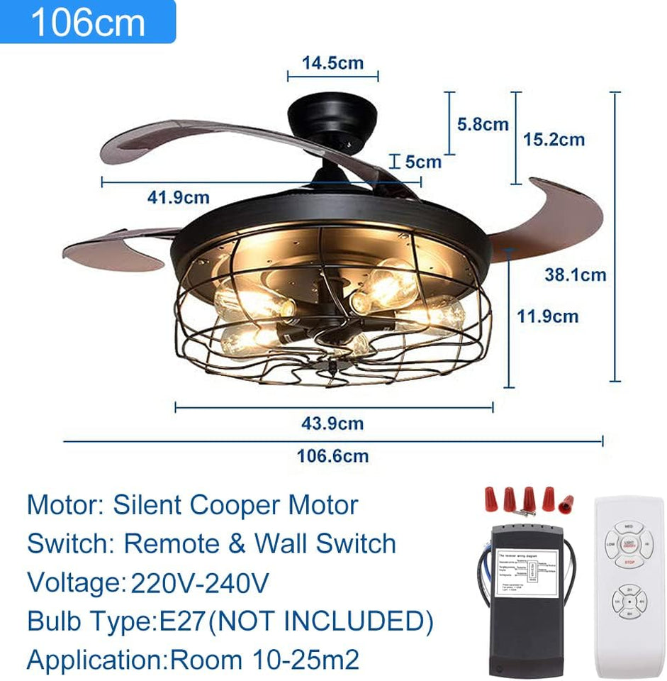 5-Light Ceiling Fan with Remote, 106CM Retractable Blades Industrial Ceiling Fans with Lights, Vintage Chandelier Fans with Lamp for Kitchen, Dining Room, Living Room, Bulbs Not Included