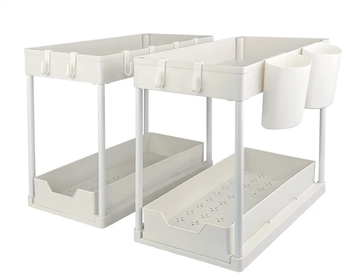 2 Pack 2 Tire Storage Shelf Organiser Spice Rack Sliding Drawer Basket under Sink Kitchen Bathroom Home White