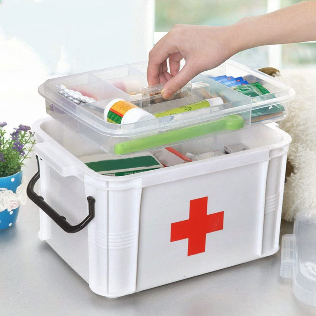 Medicine Box Storage Box Organizer 2 Layers with Compartments Family Emergency Kit Storage Case 9.25"X6.49"X5.31"