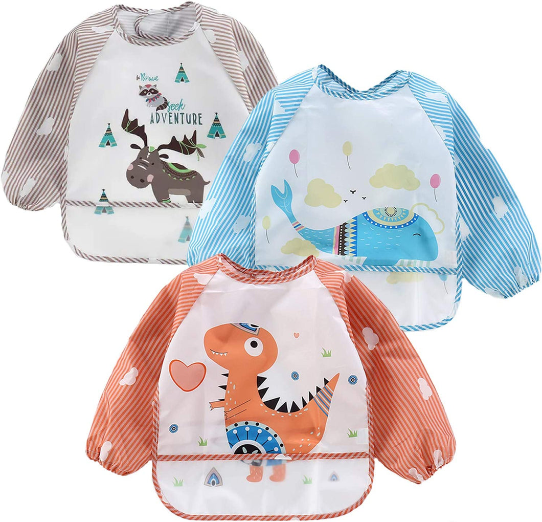 (3 Pack) Long Sleeve Bibs| Waterproof Full Sleeve Bib for Baby Infant Toddler 6-36 Months