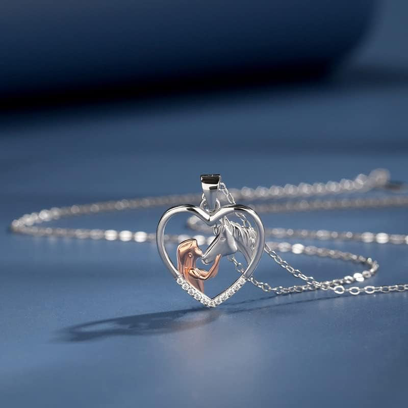 Girl and Horse Pendant Necklace for Women Horse Lover Birthday Christmas Gifts for Daughter Granddaughter Rose Gold Heart Rhinestone Necklaces for Girls