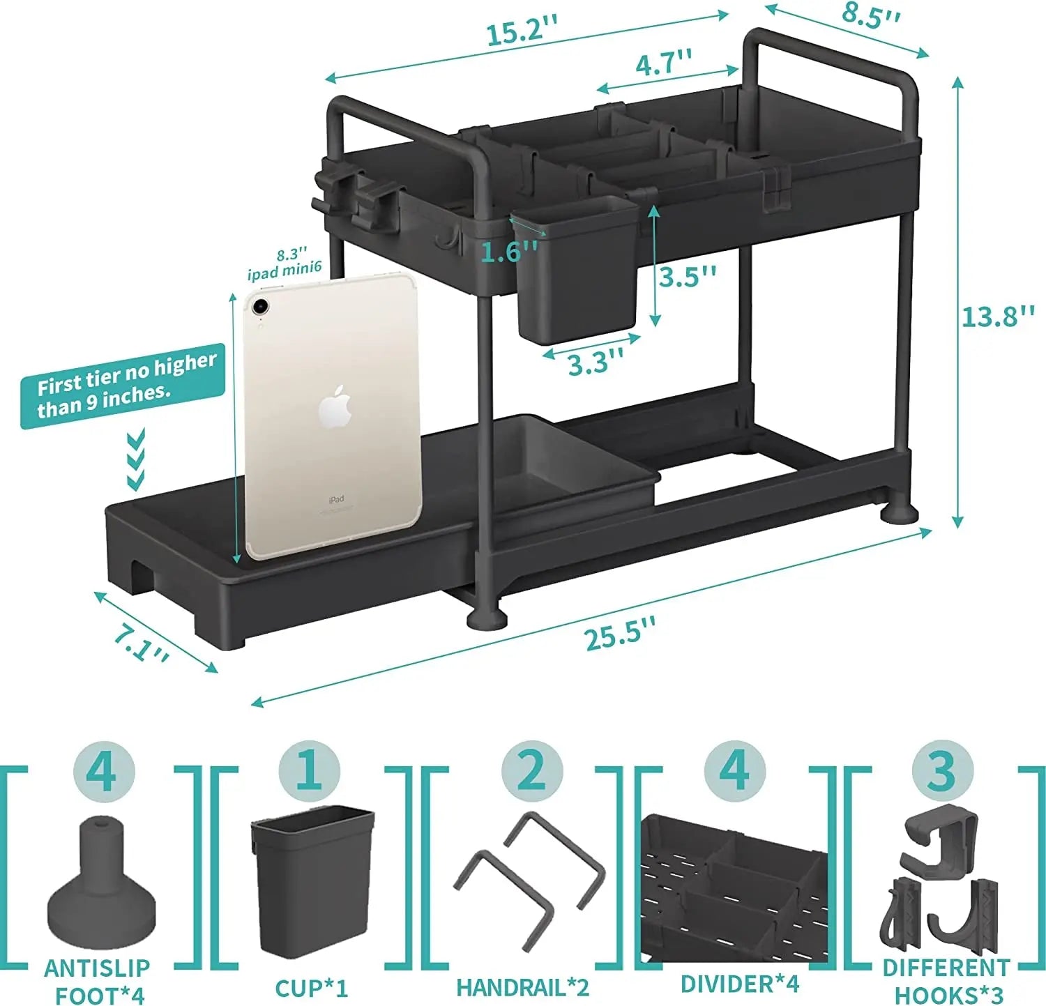 under Sink Organizers and Storage, Kitchen Storage Rack 2 Tier Drawer Pull-Able Cabinet Basket Organizer Bathroom Storage Rack with Hooks, DIY Removable Dividers (Black)