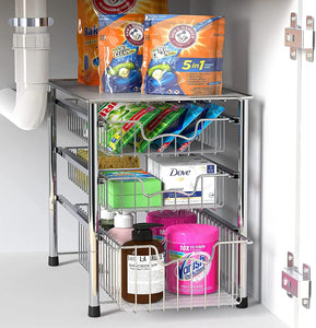 Simplehouseware Stackable 3 Tier Sliding Basket Organizer Drawer, Chrome