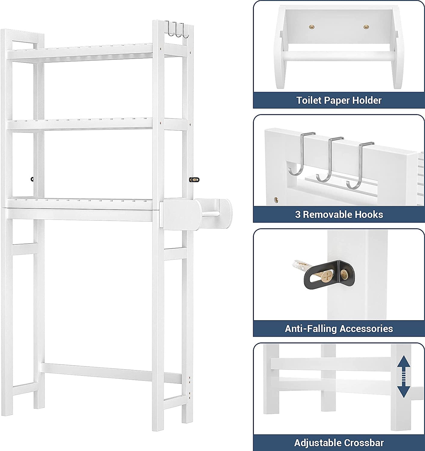 over the Toilet Storage, 3-Tier Bamboo above Toilet Shelf with Toilet Paper Holder, Bathroom Free Standing Space-Saving Rack Organizer with 3 Hooks for Restroom, Laundry, White