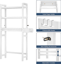 Load image into Gallery viewer, over the Toilet Storage, 3-Tier Bamboo above Toilet Shelf with Toilet Paper Holder, Bathroom Free Standing Space-Saving Rack Organizer with 3 Hooks for Restroom, Laundry, White
