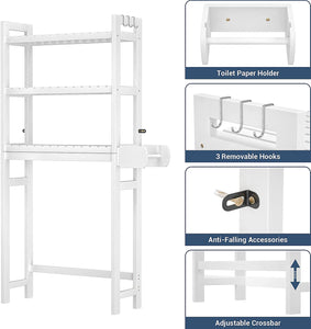 over the Toilet Storage, 3-Tier Bamboo above Toilet Shelf with Toilet Paper Holder, Bathroom Free Standing Space-Saving Rack Organizer with 3 Hooks for Restroom, Laundry, White