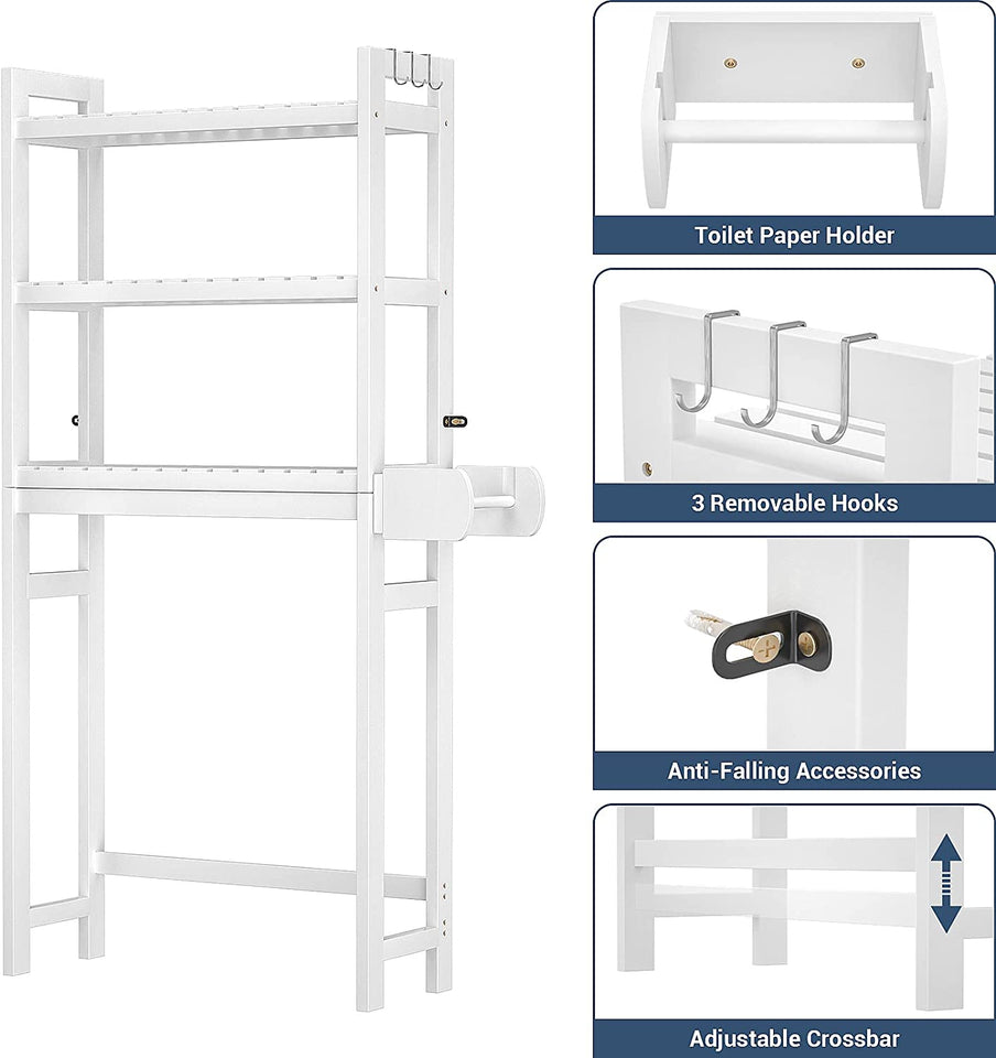 over the Toilet Storage, 3-Tier Bamboo above Toilet Shelf with Toilet Paper Holder, Bathroom Free Standing Space-Saving Rack Organizer with 3 Hooks for Restroom, Laundry, White