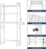 over the Toilet Storage, 3-Tier Bamboo above Toilet Shelf with Toilet Paper Holder, Bathroom Free Standing Space-Saving Rack Organizer with 3 Hooks for Restroom, Laundry, White