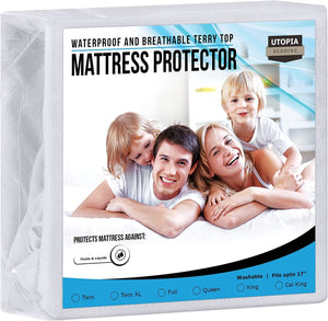 Waterproof Mattress Protector - Fits up to 40 Cm Deep, Terry Top Mattress Cover, Breathable, Fitted Style with Stretchable Pockets (Queen)