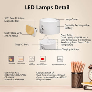 LED Wall Sconce, Wall Mounted Lamp with Rechargeable Battery Operated USB Port 3 Color Temperature & 3 Brightness Level 360°Rotate Magnetic Ball, Cordless Wall Light for Reading Bedside-White