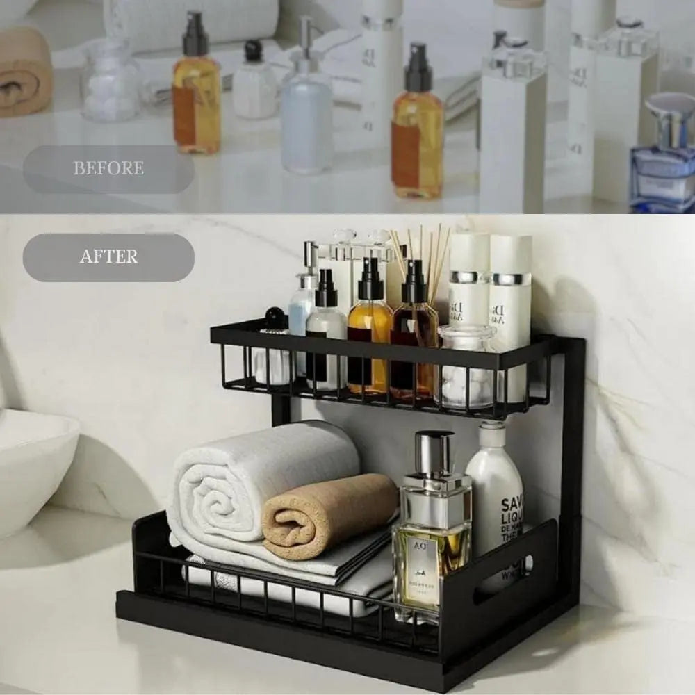 2 Tier under Sink Organiser, Sliding Cabinet Drawer Storage with Non-Slip Pads, Home Kitchen Pantry Bathroom Basket Storage Organiser Pull Out Bins, under Sink Shelf Caddy Storage Organisation (Metal - Black)