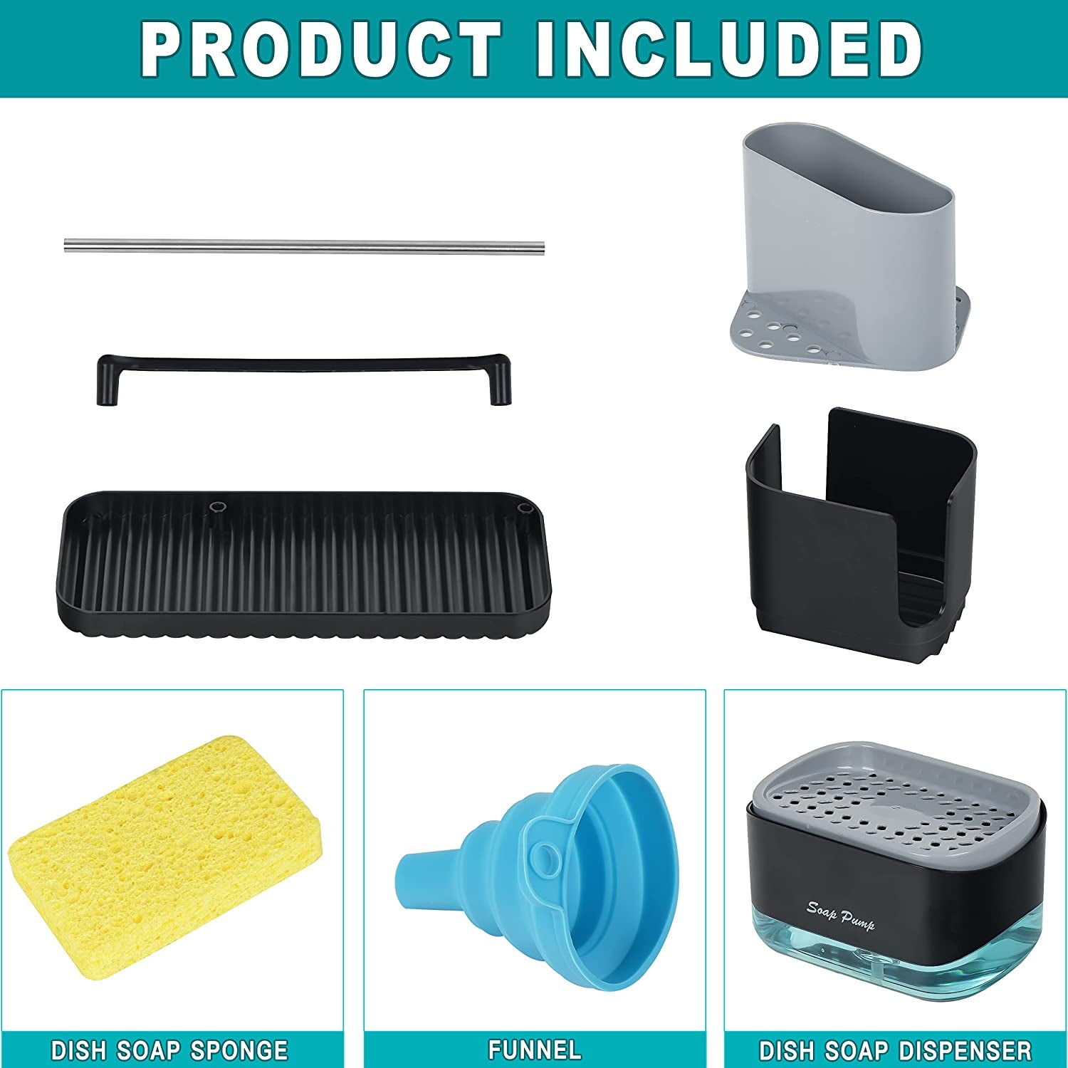 Kitchen Sink Organiser Caddy Set with Soap Pump Dispenser, Sponge Holder, Rack & Dish Brush Holder, Kitchen Storage Organizer Gadgets