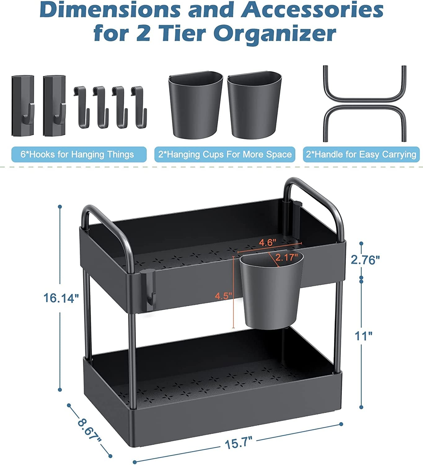 under Sink Organizer, 2 Tier Kitchen under Sink Storage Rack Bathroom Countertop Shelf Organiser with 4 Hooks 2 Hanging Cups and Anti-Foot for Bathroom Kitchen Spice Makeup Vanity Narrow Space