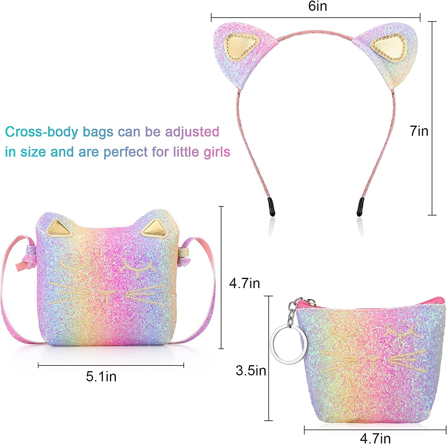 3 Pcs Cat Shoulder Bag Set, Cute Hand Bags Handbag with Mini Coin Purse Cat Headband for Christmas Girl Birthday, Glitter Rainbow Color