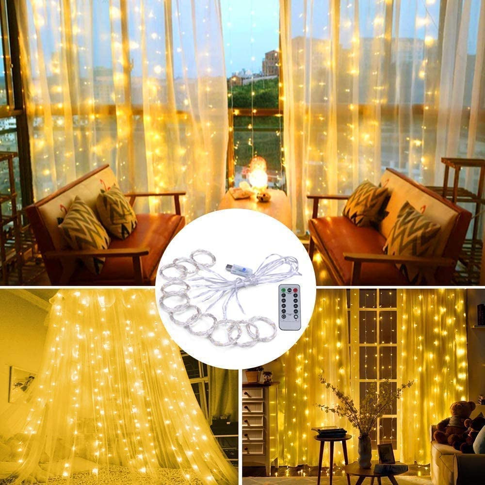 Fairy Curtain Lights,  300 LED Window Curtain String Light Wedding Party Home Garden Bedroom Outdoor Indoor Wall Decorations (Warm White)