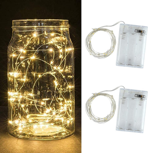 2 Pack Battery Fairy Lights, 5M 50 Leds Battery Powered Silver Wire String Lights Indoor Outdoor Fairy Lights for Bedroom Jars Camping Wedding Party Festival Tree Decorations (Warm White)