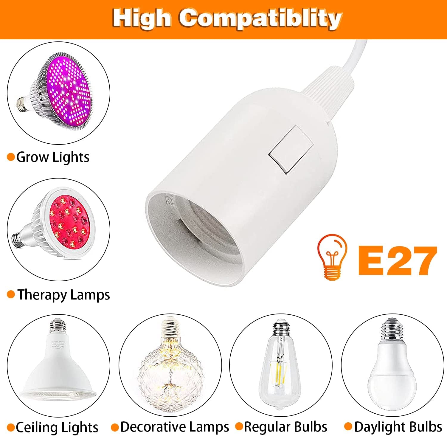 2Pcs E27 Cable Cord with On/Off Switch, E27 Lamp Base Holder Socket AC AU Power Plug, 1.8M White Extension Lights Lamp Bulb Cord for Bedroom Kitchen Plant Growth DIY Hanging Lanterns Pendant Light