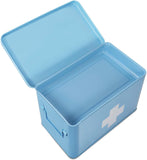 First Aid Medicine Box Supplies Kit Organizer - 13" Blue Metal Tin Medic Storage Bin Hard Case with Removable Tray White Cross, Vintage Antique Empty Boxes for Home Family Emergency Tool Set