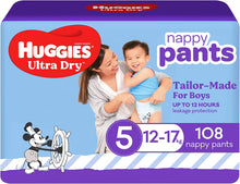 Load image into Gallery viewer, Ultra Dry Nappy Pants Boys Size 5 (12-17Kg) 108 Count (2 X 54 Pack) - Packaging May Vary
