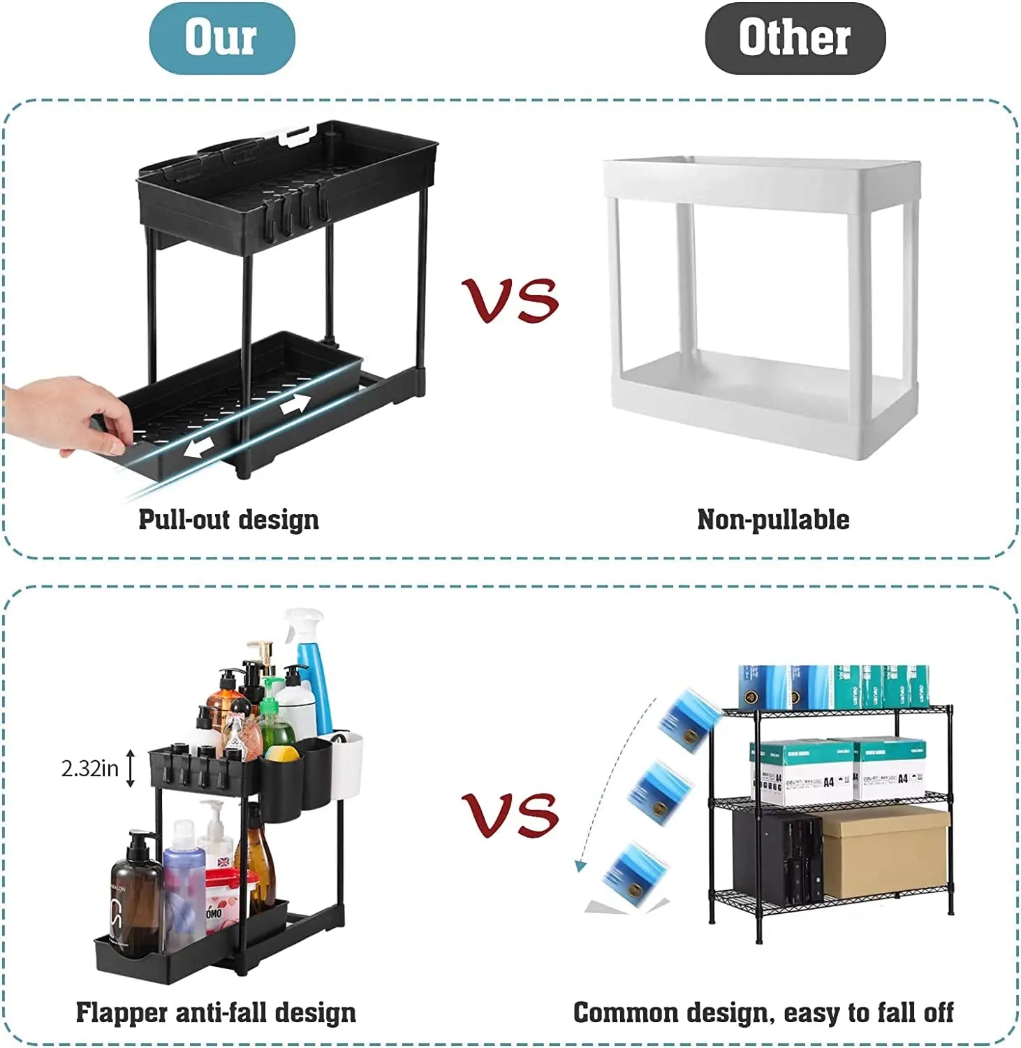 under Sink Organizer and Storage, 2 Pack 2 Tier Bathroom Restroom Kitchen Cabinet Shelf with 6 Cup 8 Hooks Multi-Purpose Cleaning Supplies Organizer