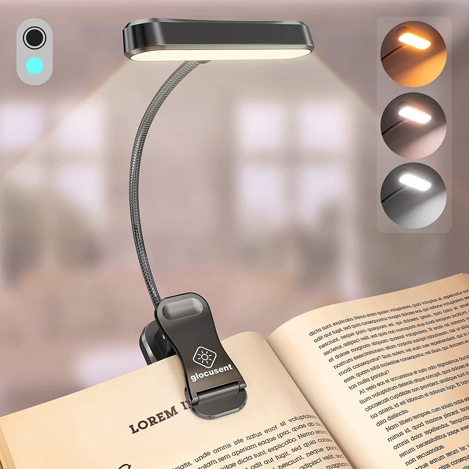 Horizontal Et-Head Book Light for Reading in Bed, Eye Caring, CRI 95, 3 Colors & 5 Brightness, Rechargeable Long Lasting Reading Light, 1.4Oz Lightweight & Portable, Perfect for Book Lovers