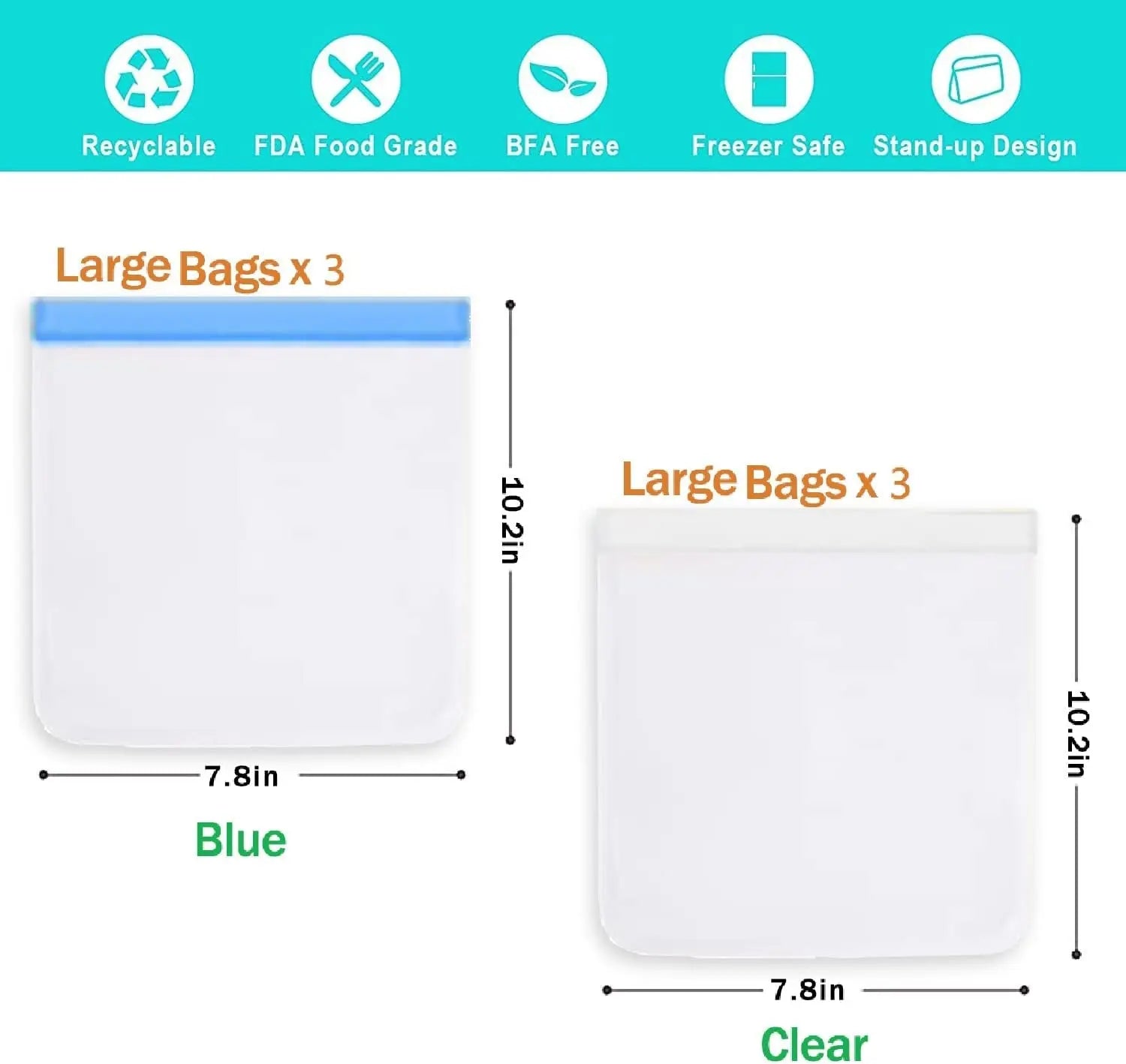 6 Pcs Reusable Gallon Ziploc Organization Bags, Large Capacity Fridge Freezer Bags Silicone Kitchen Storage & Organisation Pouch Bags for Sandwich Baby Food Storage (Blue+Clear)