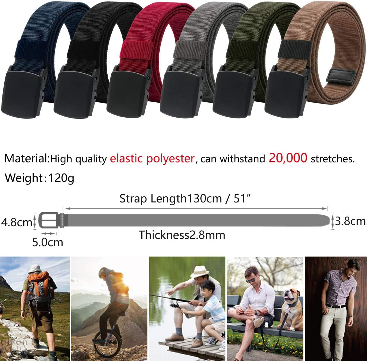 Elastic Belt for Men, Stretch Canvas Belt with YKK Plastic Buckle, Breathable Waist Belt for Work Outdoor Cycling Hiking, Adjustable for Pants Size below 46Inches[53"Long1.5"Wide]