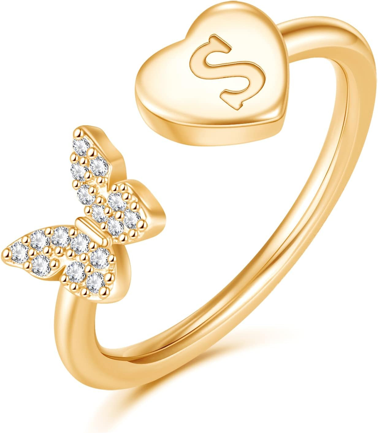 Stackable Initial Rings for Women Girls, Rose Gold Plated Butterfly Capital Letter Initial Rings for Women Teens Girls Letter Rings Stackable Rings for Girls Teen Girls
